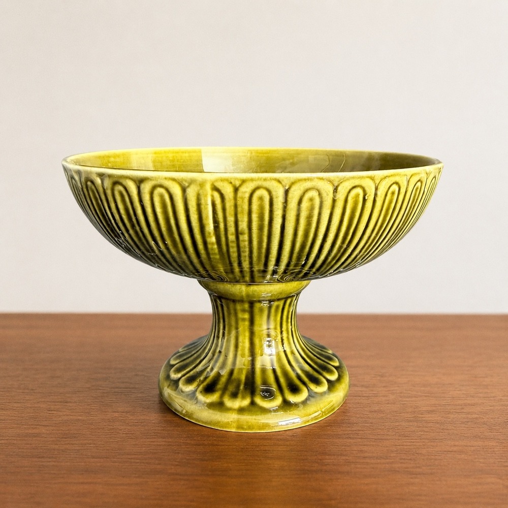 Secla Portugal Olive Green Pedestal Compote Bowl Mid Century Pottery